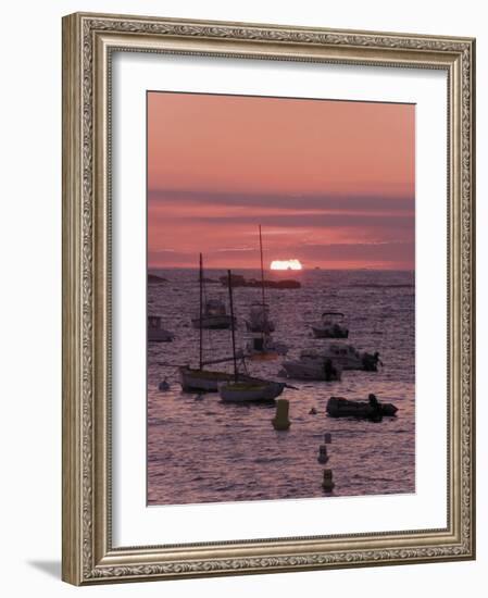 Sunset Over Boats Moored at Sea, Tregastel, Cote De Granit Rose, Cotes d'Armor, Brittany, France-David Hughes-Framed Photographic Print