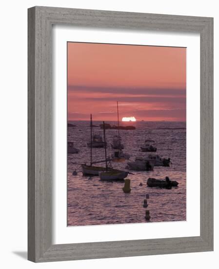 Sunset Over Boats Moored at Sea, Tregastel, Cote De Granit Rose, Cotes d'Armor, Brittany, France-David Hughes-Framed Photographic Print