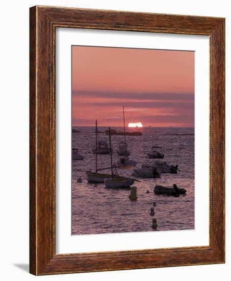 Sunset Over Boats Moored at Sea, Tregastel, Cote De Granit Rose, Cotes d'Armor, Brittany, France-David Hughes-Framed Photographic Print