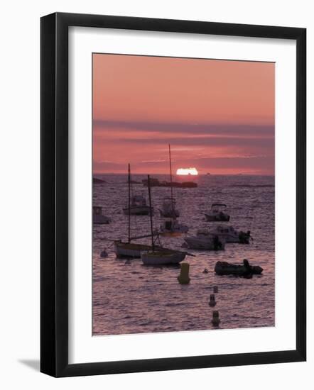 Sunset Over Boats Moored at Sea, Tregastel, Cote De Granit Rose, Cotes d'Armor, Brittany, France-David Hughes-Framed Photographic Print