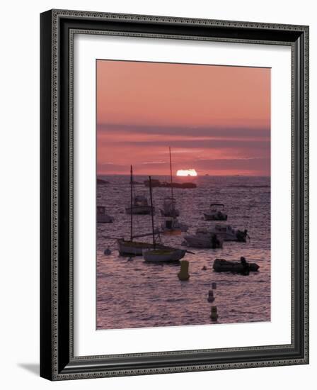 Sunset Over Boats Moored at Sea, Tregastel, Cote De Granit Rose, Cotes d'Armor, Brittany, France-David Hughes-Framed Photographic Print