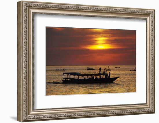 Sunset over Boats on Tonle Sap Lake at Chong Kneas Floating Village, Near Siem Reap, Cambodia-David Wall-Framed Photographic Print