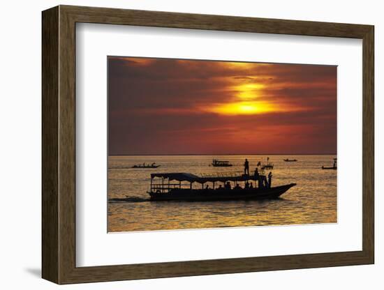 Sunset over Boats on Tonle Sap Lake at Chong Kneas Floating Village, Near Siem Reap, Cambodia-David Wall-Framed Photographic Print