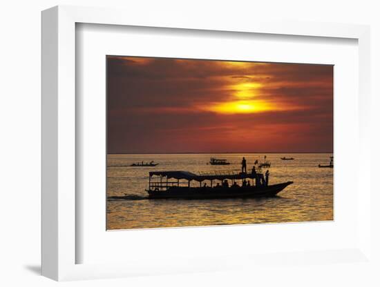 Sunset over Boats on Tonle Sap Lake at Chong Kneas Floating Village, Near Siem Reap, Cambodia-David Wall-Framed Photographic Print