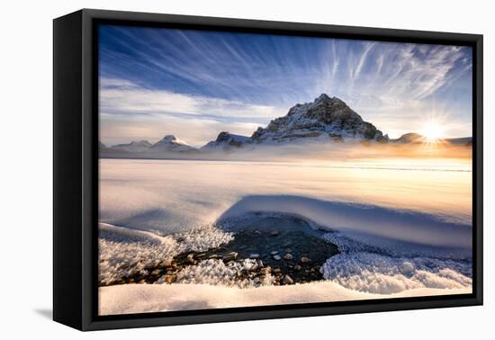 Sunset over mountains at Bow Lake in Banff, Canada during the winter with snow and blue skies-David Chang-Framed Premier Image Canvas