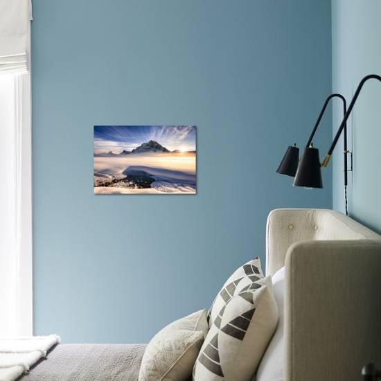 Sunset Over Mountains At Bow Lake In Banff Canada During The Winter With Snow And Blue Skies Photographic Print David Chang Art Com