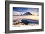 Sunset over mountains at Bow Lake in Banff, Canada during the winter with snow and blue skies-David Chang-Framed Photographic Print