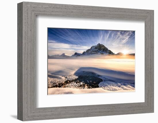 Sunset over mountains at Bow Lake in Banff, Canada during the winter with snow and blue skies-David Chang-Framed Photographic Print