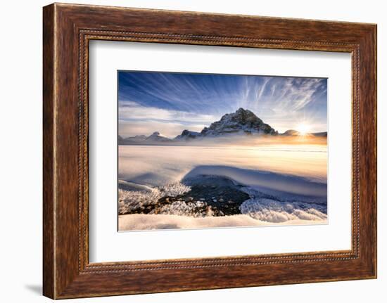 Sunset over mountains at Bow Lake in Banff, Canada during the winter with snow and blue skies-David Chang-Framed Photographic Print