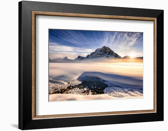 Sunset over mountains at Bow Lake in Banff, Canada during the winter with snow and blue skies-David Chang-Framed Photographic Print