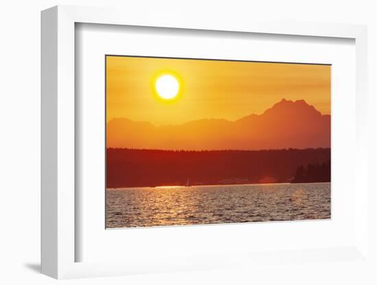 Sunset over Puget Sound, Seattle, Washington State. Silhouette of The Brothers peak on the right.-Tom Haseltine-Framed Photographic Print