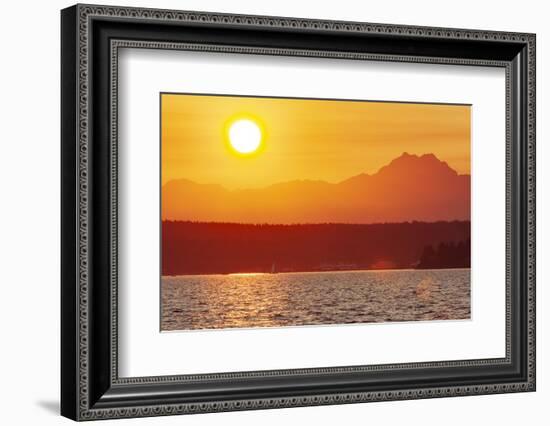 Sunset over Puget Sound, Seattle, Washington State. Silhouette of The Brothers peak on the right.-Tom Haseltine-Framed Photographic Print