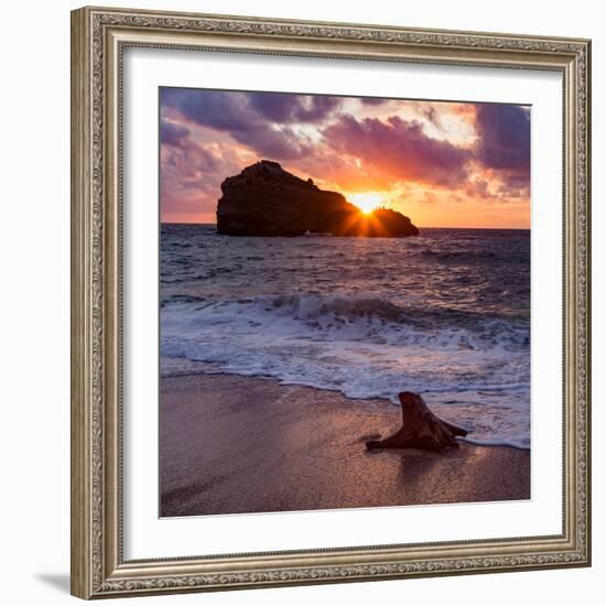 Sunset over Roche Ronde Rock Off the Coast of Biarritz, Pyrenees Atlantiques, Aquitaine-Martin Child-Framed Photographic Print