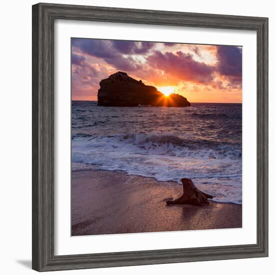 Sunset over Roche Ronde Rock Off the Coast of Biarritz, Pyrenees Atlantiques, Aquitaine-Martin Child-Framed Photographic Print