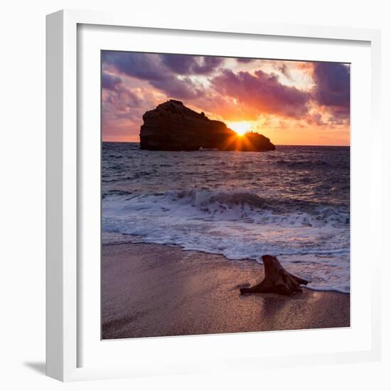 Sunset over Roche Ronde Rock Off the Coast of Biarritz, Pyrenees Atlantiques, Aquitaine-Martin Child-Framed Photographic Print