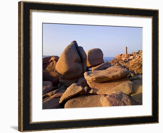Sunset Over Rocks and Lighthouse at Pars-Kamor, Ploumanach, Breton Corniche, Cotes d'Armor-David Hughes-Framed Photographic Print