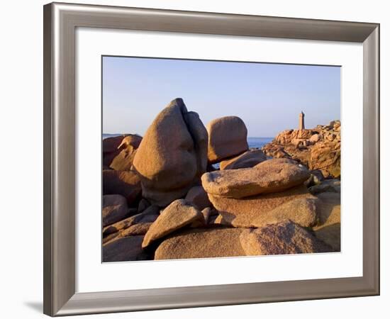 Sunset Over Rocks and Lighthouse at Pars-Kamor, Ploumanach, Breton Corniche, Cotes d'Armor-David Hughes-Framed Photographic Print