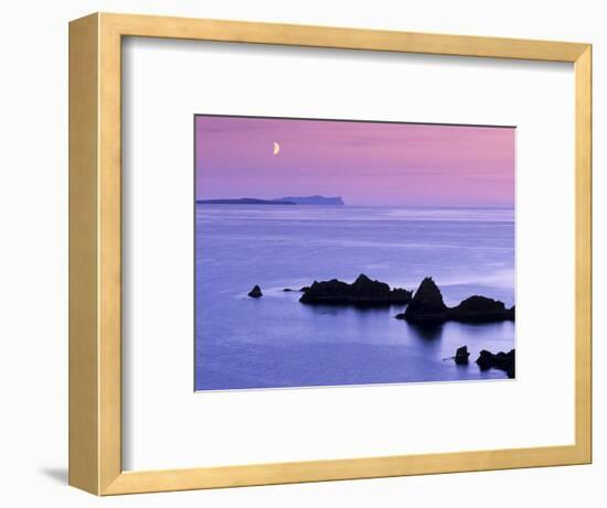 Sunset over Sand Wick and Rising Moon over Foula in Distance, Eshaness, Shetland, Scotland, UK-Patrick Dieudonne-Framed Photographic Print