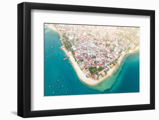 Sunset over Stone Town and waterfront, aerial view, Zanzibar, Tanzania-Roberto Moiola-Framed Photographic Print