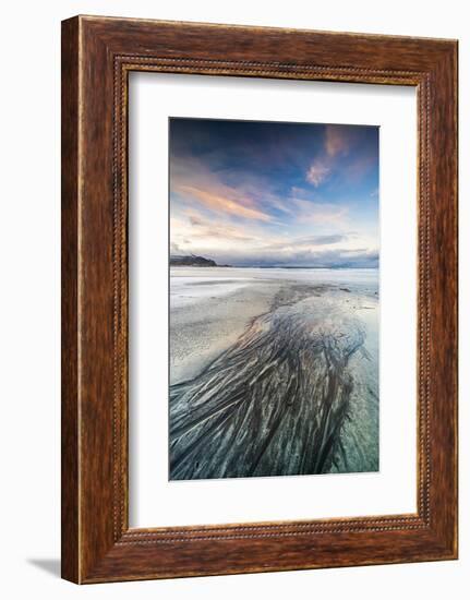 Sunset over the black sand of Skagsanden beach covered with ice in winter, Flakstad-Roberto Moiola-Framed Photographic Print