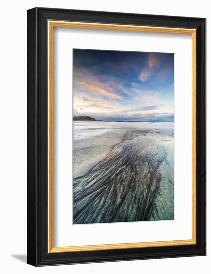 Sunset over the black sand of Skagsanden beach covered with ice in winter, Flakstad-Roberto Moiola-Framed Photographic Print