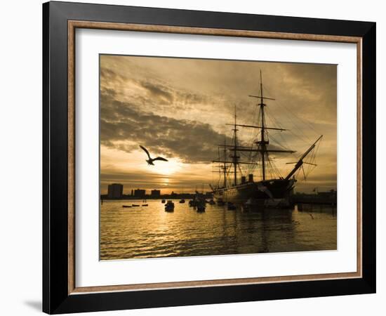 Sunset over the Hard and Hms Warrior, Portsmouth, Hampshire, England, United Kingdom, Europe-Stuart Black-Framed Photographic Print