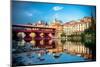 Sunset over the iconic Ponte Vecchio bridge reflected in river Brenta, Bassano Del Grappa-Roberto Moiola-Mounted Photographic Print