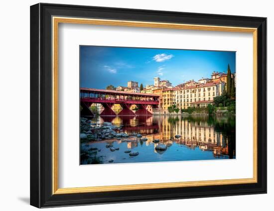 Sunset over the iconic Ponte Vecchio bridge reflected in river Brenta, Bassano Del Grappa-Roberto Moiola-Framed Photographic Print