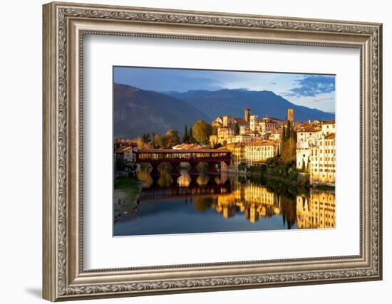 Sunset over the iconic Ponte Vecchio bridge reflected in river Brenta, Bassano Del Grappa-Roberto Moiola-Framed Photographic Print