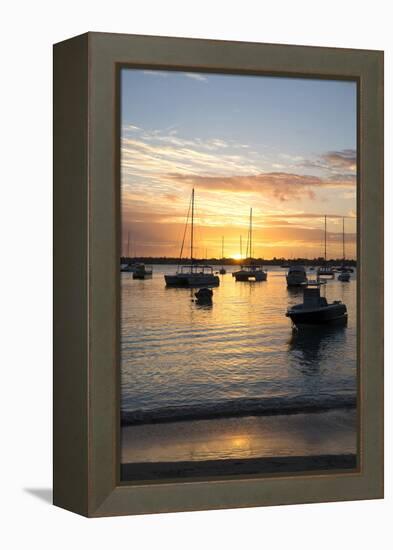 Sunset over the Indian Ocean with Boats in Silhouette on the Calm Water Off the Beach at Gran Baie-Lee Frost-Framed Premier Image Canvas