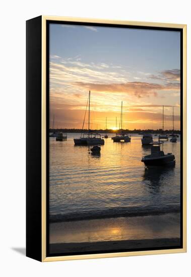 Sunset over the Indian Ocean with Boats in Silhouette on the Calm Water Off the Beach at Gran Baie-Lee Frost-Framed Premier Image Canvas