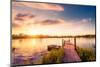 Sunset over the Lake in the Village. View from a Wooden Bridge, Image in the Orange-Purple Toning-null-Mounted Photographic Print