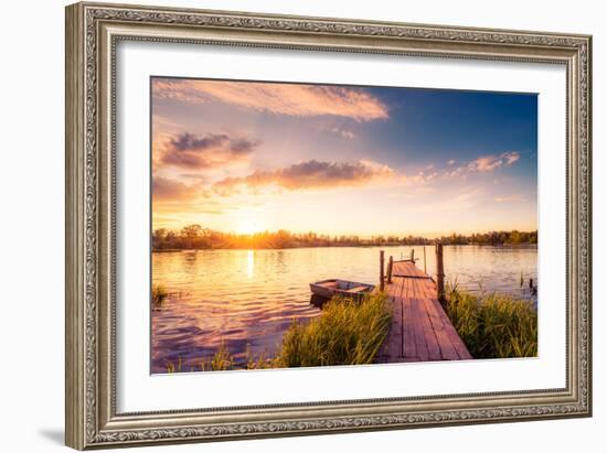 Sunset over the Lake in the Village. View from a Wooden Bridge, Image in the Orange-Purple Toning-null-Framed Photographic Print