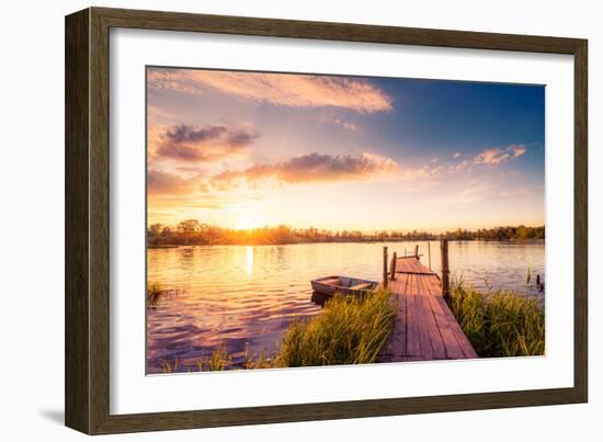 Sunset over the Lake in the Village. View from a Wooden Bridge, Image in the Orange-Purple Toning-null-Framed Photographic Print