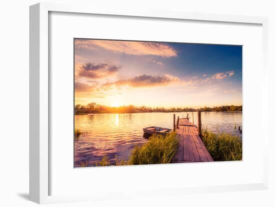 Sunset over the Lake in the Village. View from a Wooden Bridge, Image in the Orange-Purple Toning-null-Framed Photographic Print