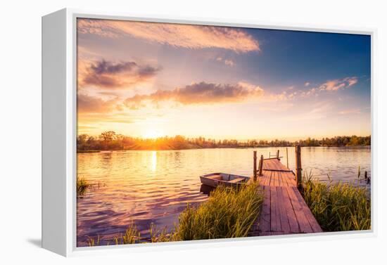 Sunset over the Lake in the Village. View from a Wooden Bridge, Image in the Orange-Purple Toning-null-Framed Premier Image Canvas