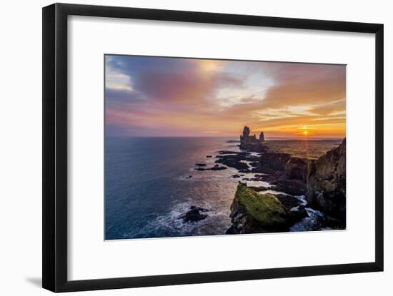 Sunset over the Londrangar Sea Stacks and the Thufubjarg Cliffs, Snaefellnes Peninsula, Iceland-Arctic-Images-Framed Photographic Print