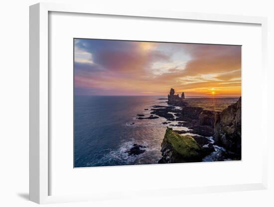 Sunset over the Londrangar Sea Stacks and the Thufubjarg Cliffs, Snaefellnes Peninsula, Iceland-Arctic-Images-Framed Photographic Print