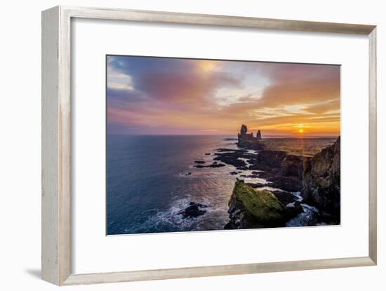 Sunset over the Londrangar Sea Stacks and the Thufubjarg Cliffs, Snaefellnes Peninsula, Iceland-Arctic-Images-Framed Photographic Print