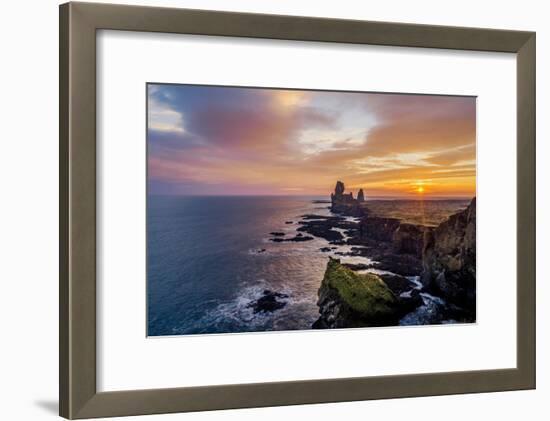 Sunset over the Londrangar Sea Stacks and the Thufubjarg Cliffs, Snaefellnes Peninsula, Iceland-Arctic-Images-Framed Photographic Print