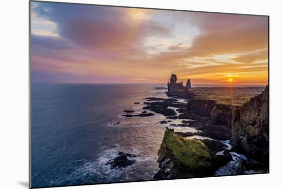 Sunset over the Londrangar Sea Stacks and the Thufubjarg Cliffs, Snaefellnes Peninsula, Iceland-Arctic-Images-Mounted Photographic Print