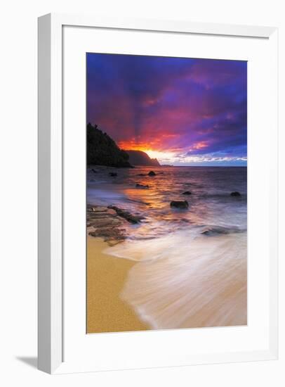 Sunset over the Na Pali Coast from Hideaways Beach, Princeville, Kauai, Hawaii, USA-Russ Bishop-Framed Premium Photographic Print