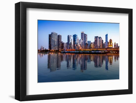 Sunset over the Tall Skyscrapers of Chicago from Navy Pier with Artificial Water Reflection-Steve Heap-Framed Photographic Print