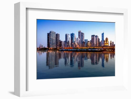 Sunset over the Tall Skyscrapers of Chicago from Navy Pier with Artificial Water Reflection-Steve Heap-Framed Photographic Print