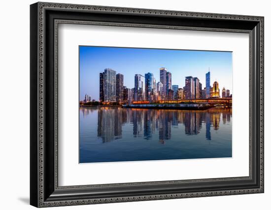 Sunset over the Tall Skyscrapers of Chicago from Navy Pier with Artificial Water Reflection-Steve Heap-Framed Photographic Print