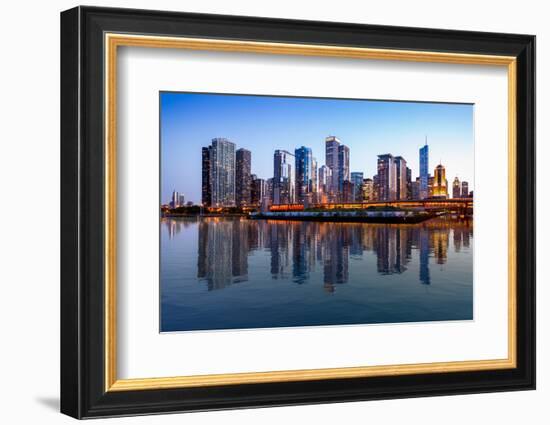 Sunset over the Tall Skyscrapers of Chicago from Navy Pier with Artificial Water Reflection-Steve Heap-Framed Photographic Print