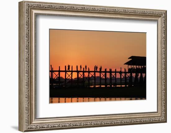 Sunset over U Bein Bridge, Taungthman Lake, U Bein, Amarapura, Myanmar (Burma), Asia-Nathalie Cuvelier-Framed Photographic Print