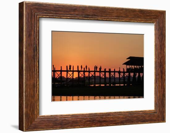 Sunset over U Bein Bridge, Taungthman Lake, U Bein, Amarapura, Myanmar (Burma), Asia-Nathalie Cuvelier-Framed Photographic Print