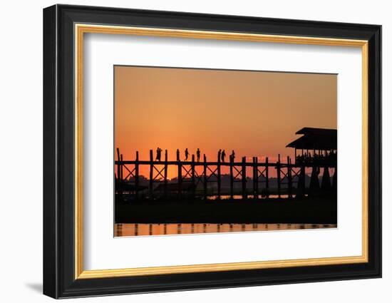 Sunset over U Bein Bridge, Taungthman Lake, U Bein, Amarapura, Myanmar (Burma), Asia-Nathalie Cuvelier-Framed Photographic Print