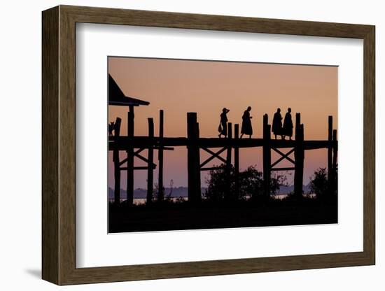 Sunset over U Bein Bridge, Taungthman Lake, U Bein, Amarapura, Myanmar (Burma), Asia-Nathalie Cuvelier-Framed Photographic Print